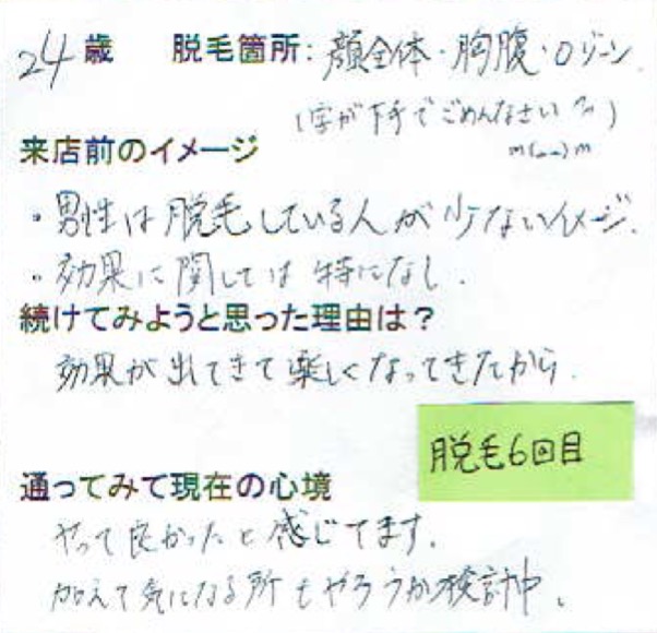髭全体 胸 腹 Oライン脱毛6回目 24歳